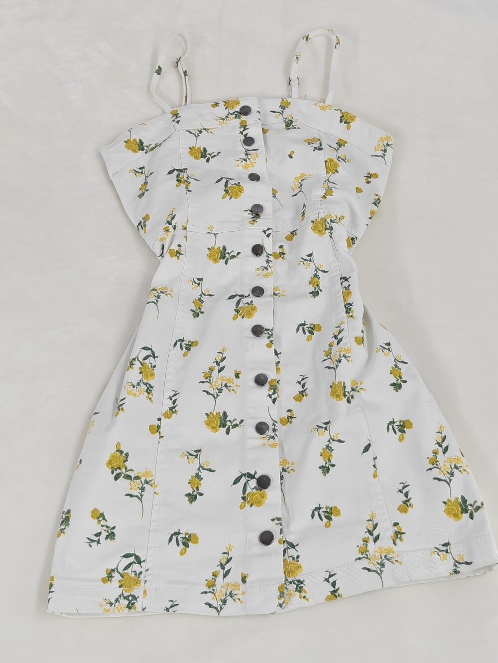 Vintage Y2K rue21 Floral White Denim Snap-Front Mini Sundress XS